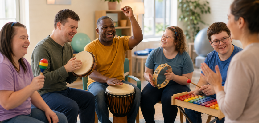 Group of adults with developmental disabilities playing hand drums, maracas, and a tambourine together in a music session
