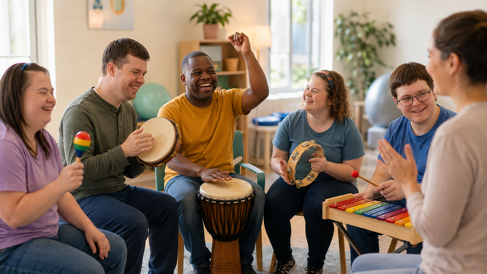 Group of adults with developmental disabilities playing hand drums, maracas, and a tambourine together in a music session
